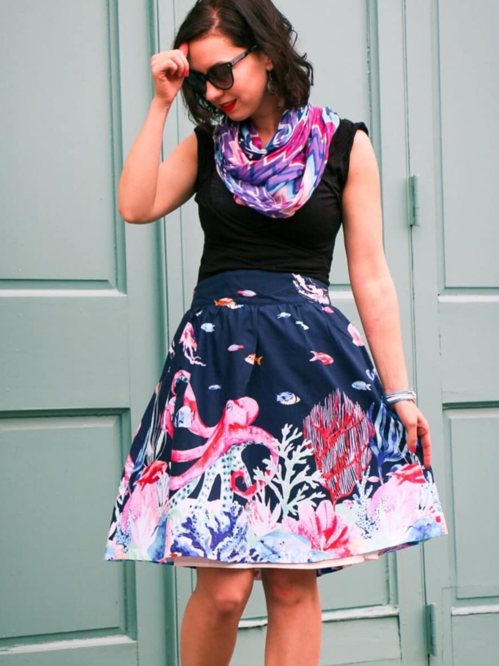 ModCloth Navy Blue A- Line Underwater Print Skirt, Size 2X
